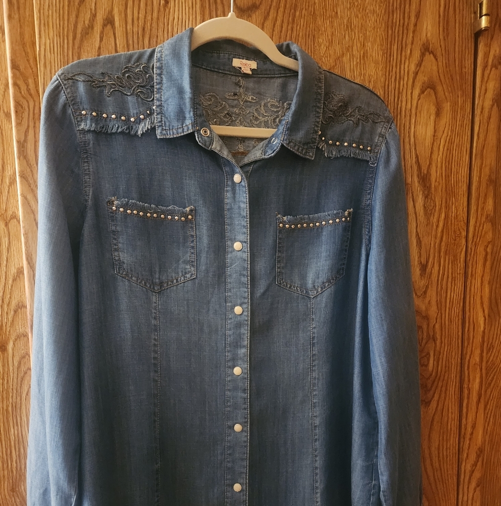 REBA Blue Denim Button Down Shirt with Lace and Stud Accents